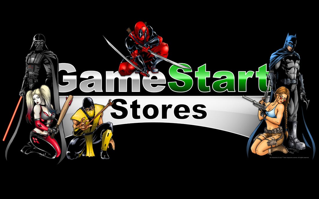 Game Start Stores Logo with video game characters